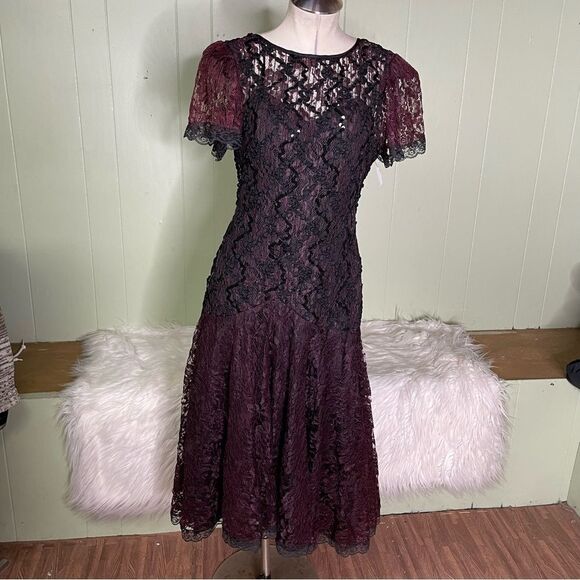 Vtg Black Lace Sequins Basque Drop Waist Flutter Sleeves Dress‎ Whimsigoth 10 - Picture 2 of 9